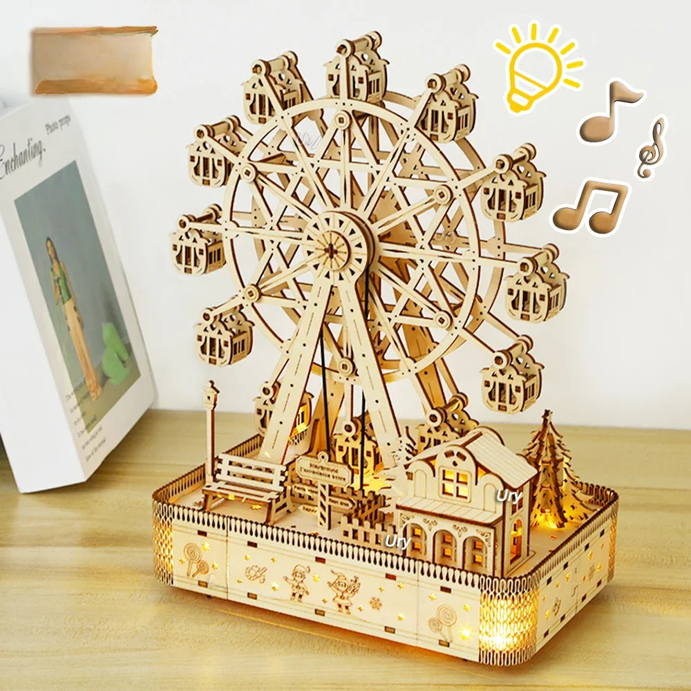Ury 3D Drewniane puzzle Led Obrotowe kółko mędzi Muzyka Octave Box Model Zestaw mechaniczny Montaż Dekoracja Zabawka DIY Prezent dla dziecka Dorosły — zdjęcie 2