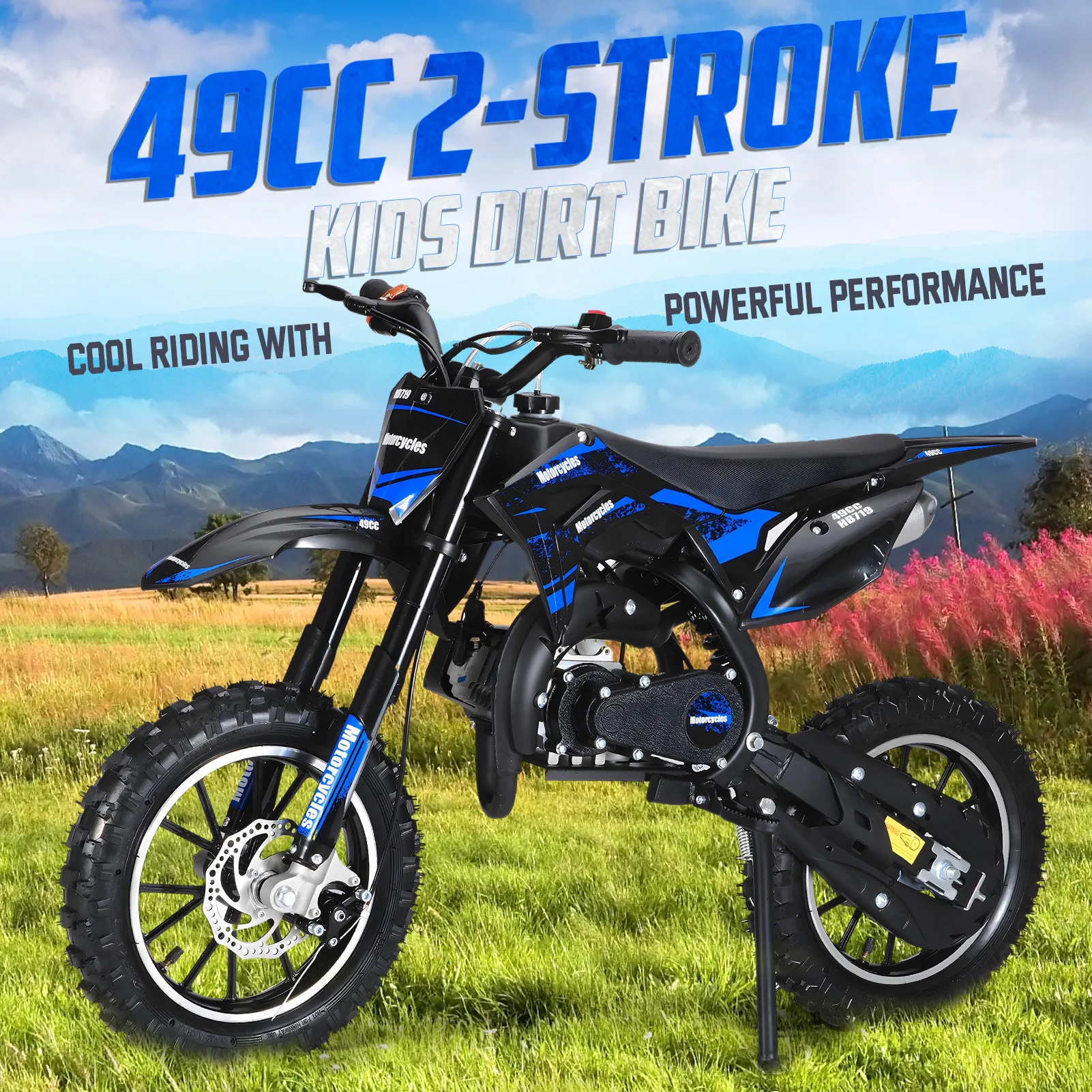 2-suwowy motocykl gazowy o pojemności 49 cm3, motocykl gazowy z 10-calowymi kołami, motocykl kieszonkowy z przednimi tylnymi hamulcami tarczowymi, 25 MPH