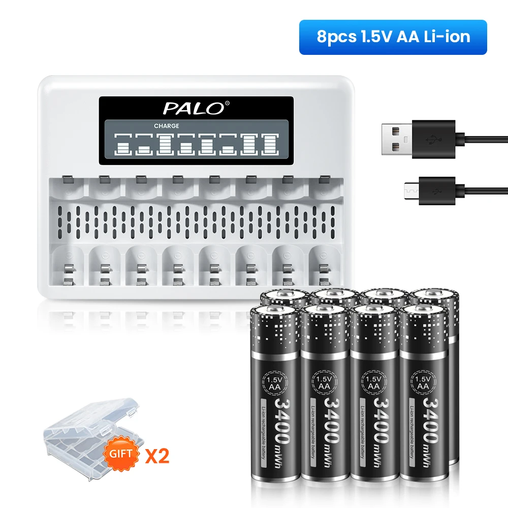 

PALO 1.5V AA Rechargeable Battery 3400mWh AA 1.5V Lithium Li-ion Rechargeable Batteries AA 1.5V with 8 Slots USB Battery Charger