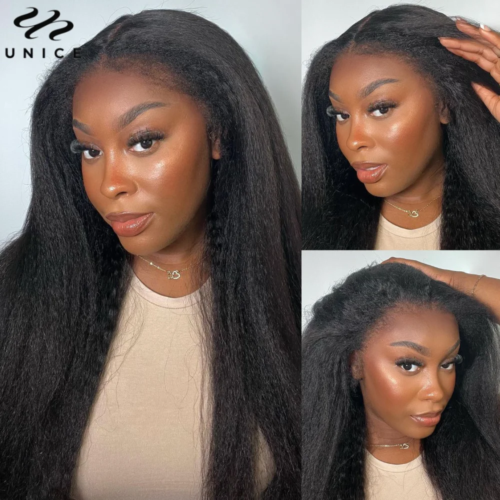 UNice Hair Pre Everything 13x4 Lace Frontal Wig With 4C Kinky Edges Baby Hair Pre Bleached Pre Cut Kinky Straight Human Hair Wig