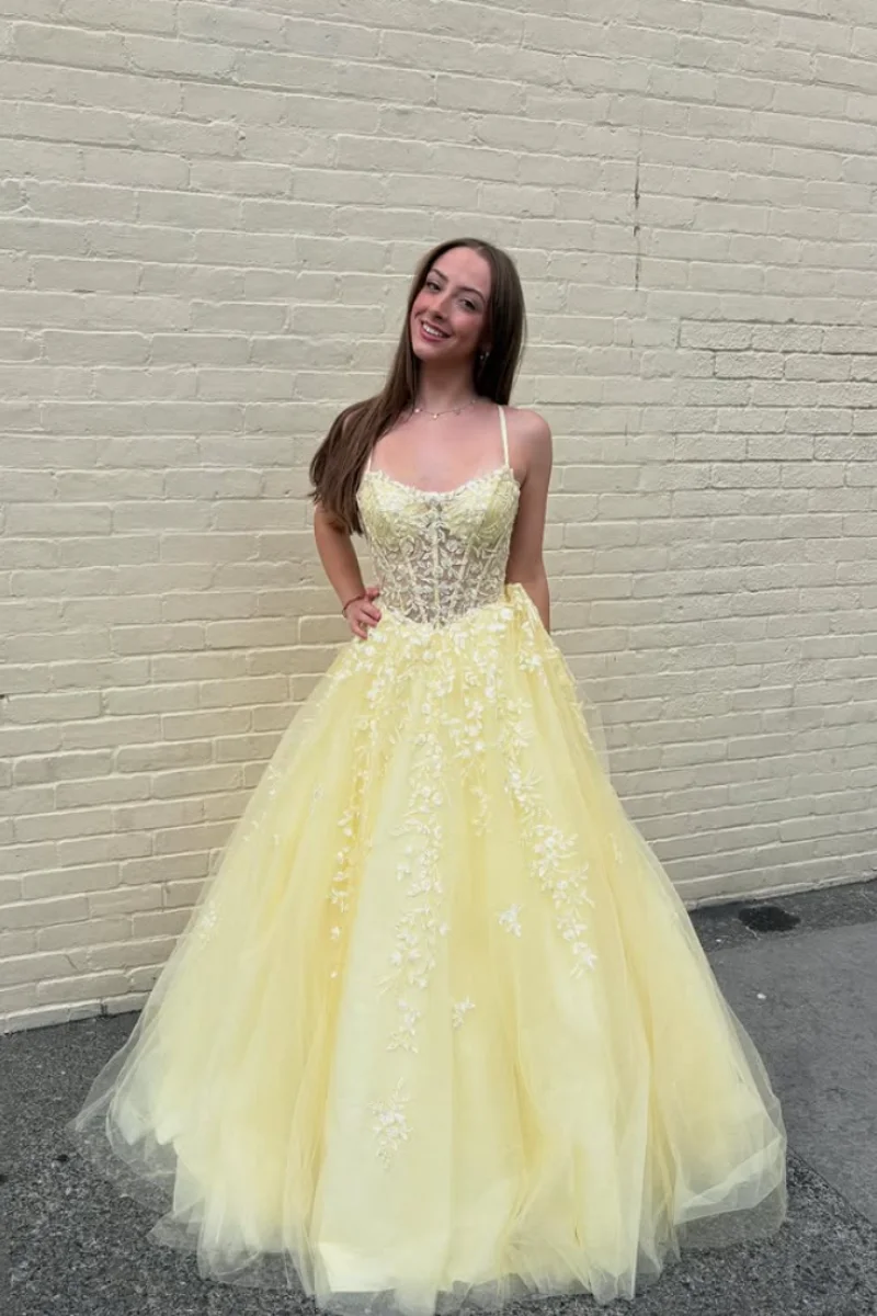 Jessica Gorgeous Yellow Evening Dresses A-line Princess Prom Dresses Lace Embroidered Tulle Vestidos De Gala Customized