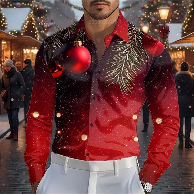 Camicia natalizia da uomo con maniche lunghe in colore sfumato, moda casual, festa, vacanza, primavera e autunno, risvolto, camicia con bottoni stampati in 3D