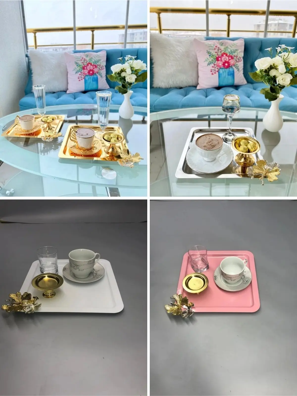 

6-Pieces Butterfly Luxury Square Stainless Steel Tea And Coffee Serving Trays Stylish Design Handmade Special Occasions Wedding