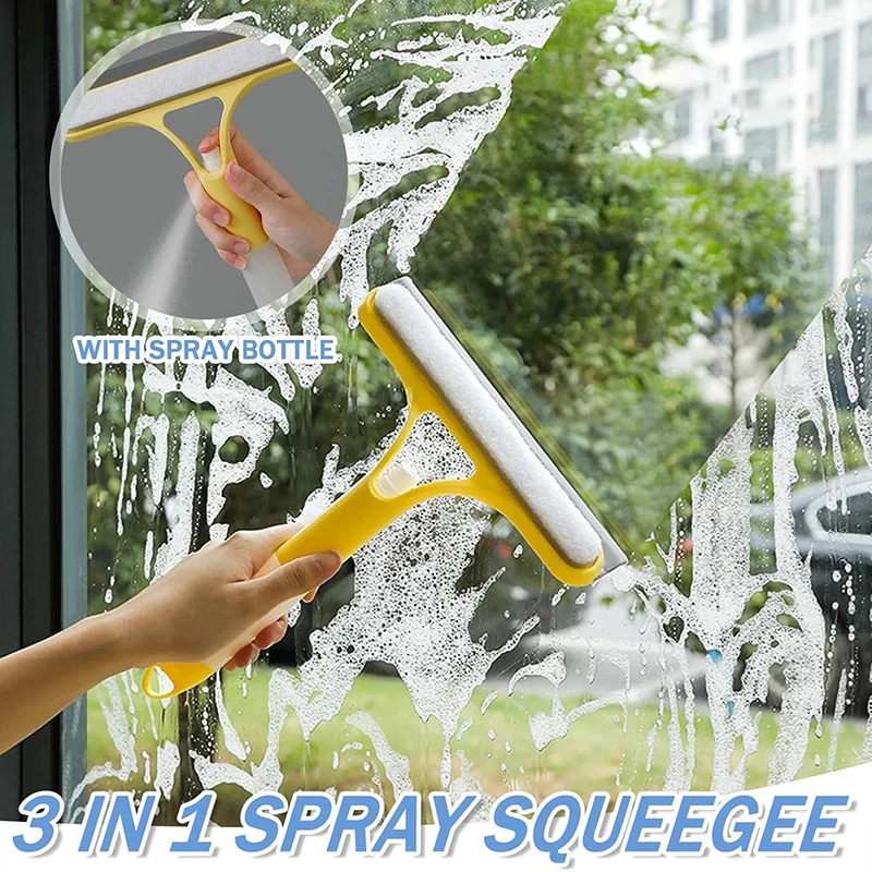 3 in 1 Window Cleaning Squeegee Multi Function Glass Mirror Wiper with Spray Bottle Microfiber Scrub Household Car Cleaner Tools