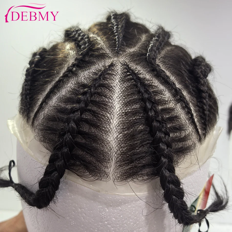 Cornrow Box Braided Men Toupee Human Hair Skin Full PU Hairpiece Breathable Replacement Hair System Prosthesis For Men Patch Wig