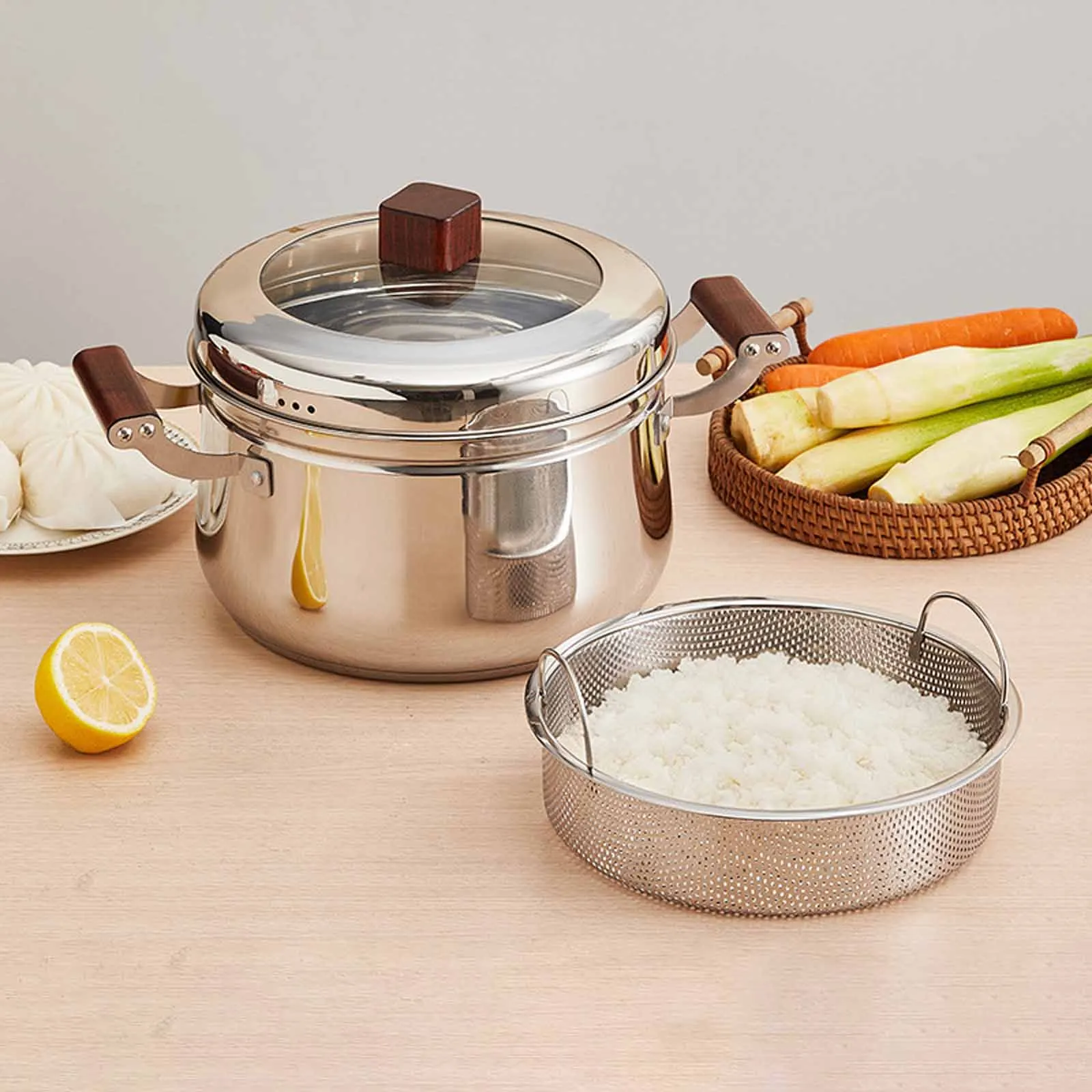 Stainless Steel Steamer Pot Silver With Clear Lid Handle for Household Families Reunion Cooking Home Vegetable Dumplings Soup