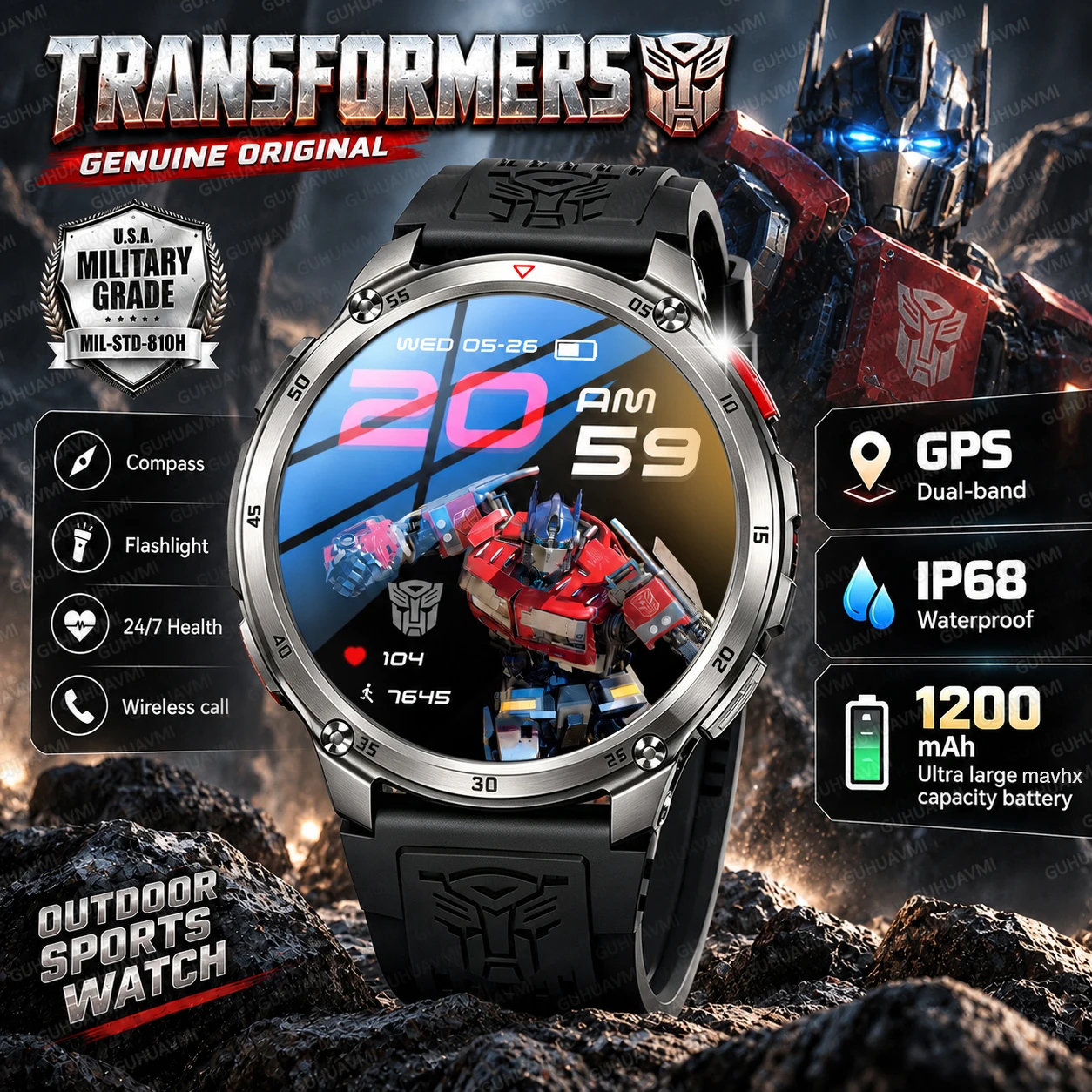 New Transformers Genuine 1200mAh Battery Smart Watch AMOLED HD Display GPS Route Compass IP68 Waterproof Autobot Smartwatch Men