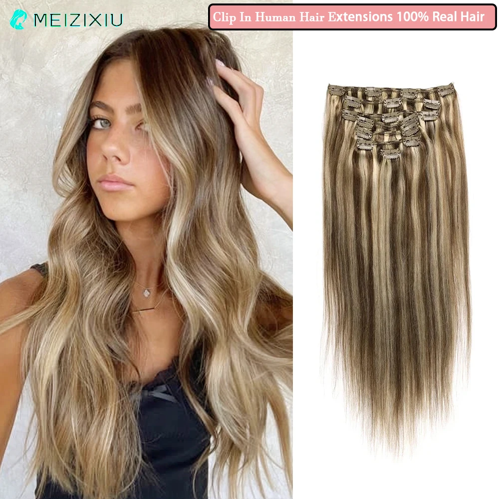 

Clip In Hair Extensions Real Hair Full Head Clip In Human Hair Extensions for Women Add Hair 27# Highlight 7Pcs/Lot 120g 24Inch