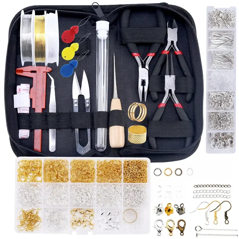 Schmuckherstellungszubehör-Set mit Schmuckwerkzeugen, offene Biegeringe, Karabinerverschlüsse, Quetschperlen, Ohrringhaken, Zubehör für Schmuck