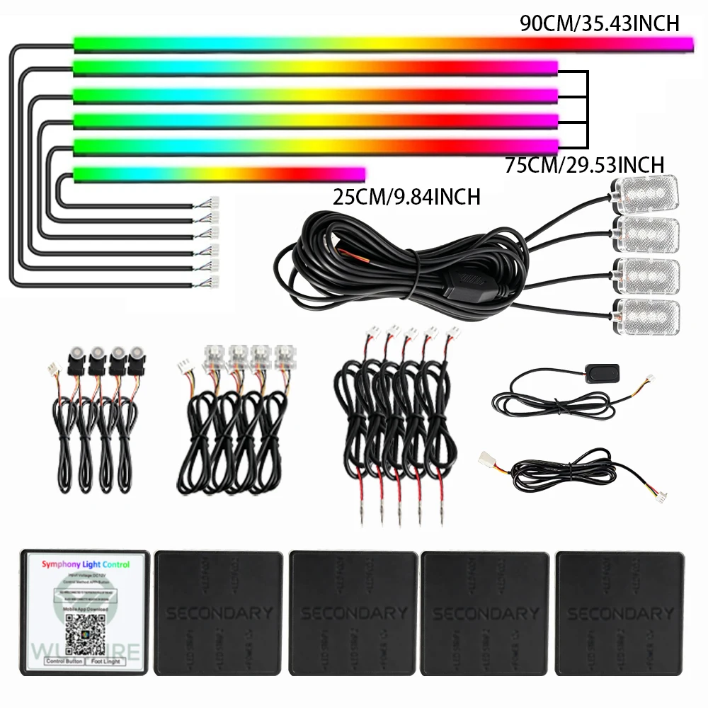 18 w 1 Zestaw Oświetlenia Ambientowego do Samochodu, 64 Kolory RGB, Efekt Symfoniczny, Sterowanie przez Bluetooth i Aplikację, Synchronizacja z Muzyką, Sterowanie Dwustrefowe, Zestaw Lamp z Paskami — 2