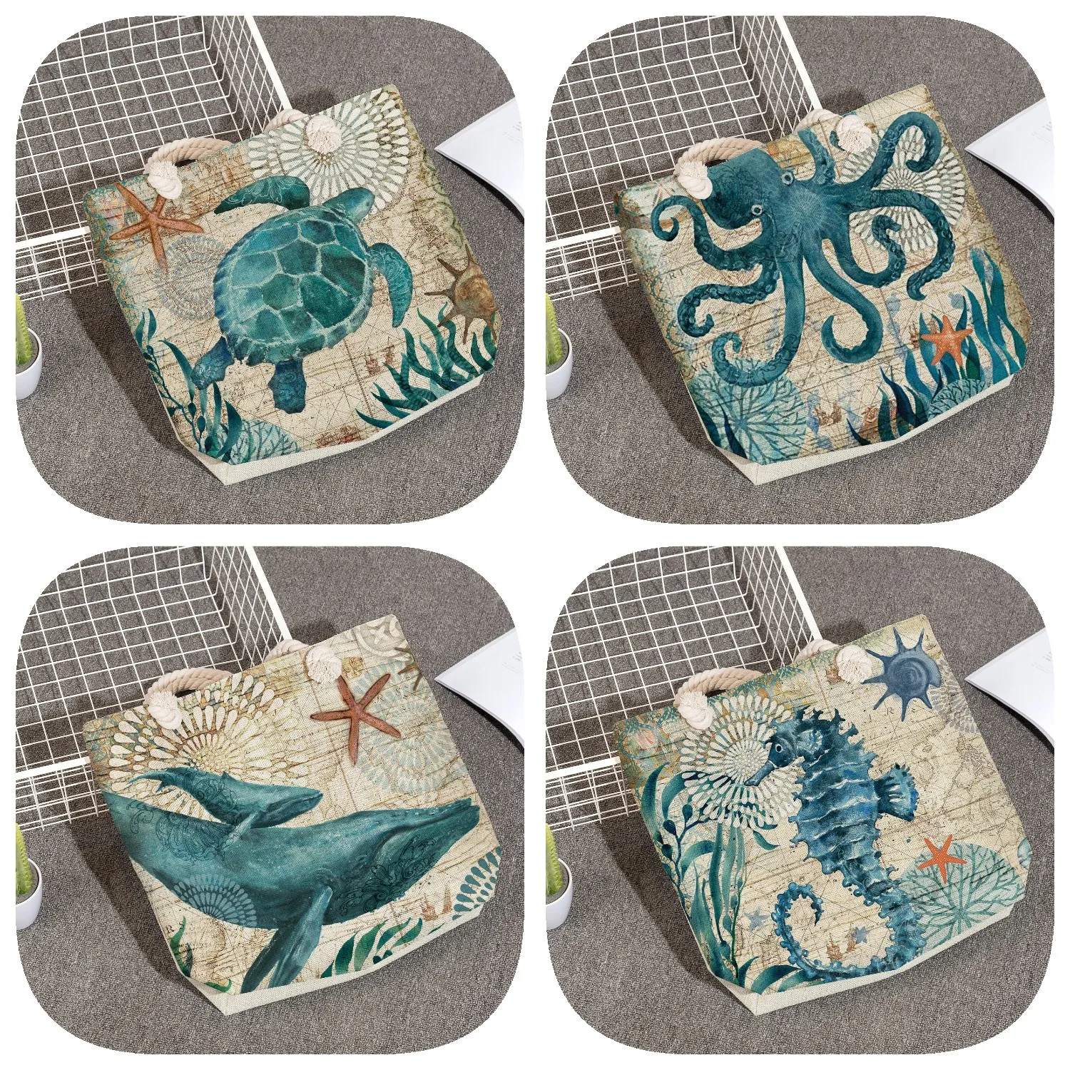 Portable Shoulder Shopping Bag Octopus Turtle Print Handbags Women 2022 High Capacity Travel Tote Bag Eco Ocean Series Beach Bag