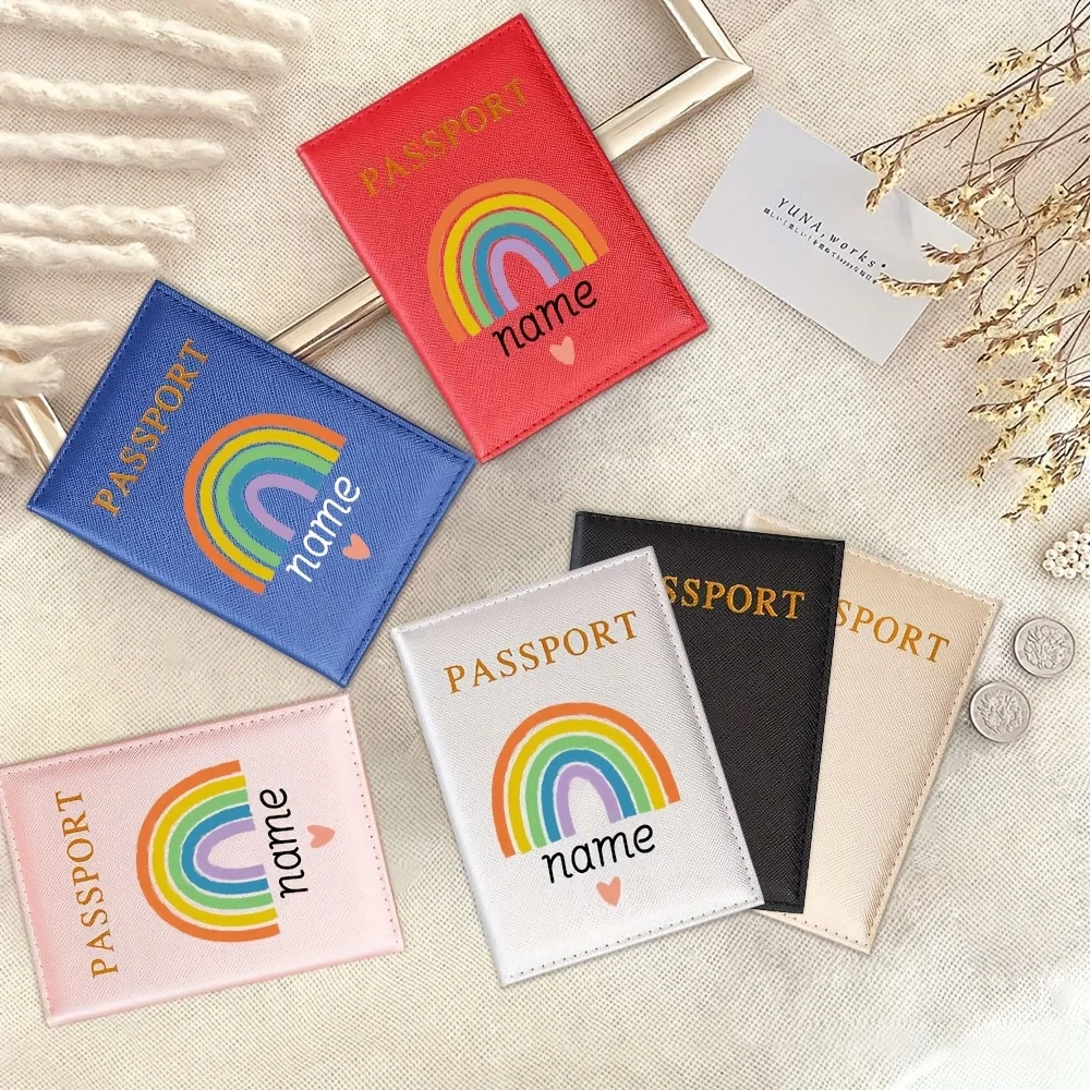 

Rainbow Print Custom Name PU Passport Holder, Ultra Thin Foldable Travel Wallet ID Card Organizer