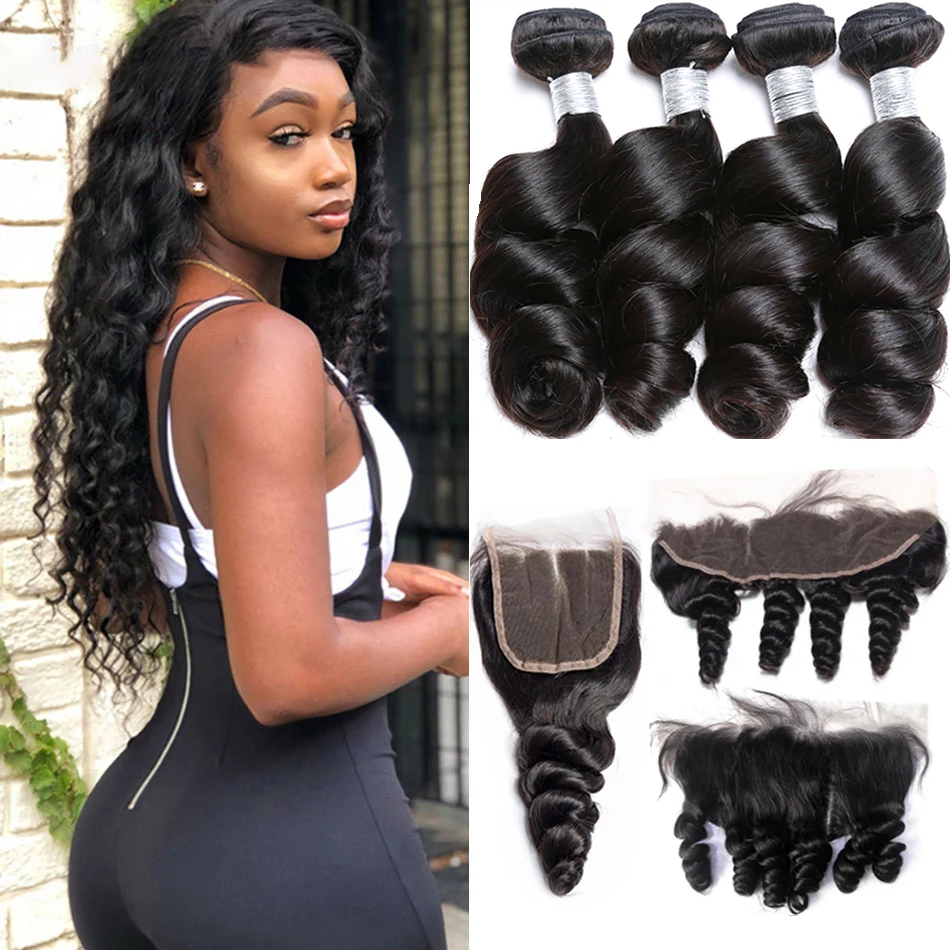 

12A Peruvain Human Hair Bundles With Closure Loose Wave Natural Color 100% Virgin Hair Bundles With Frontal Hair ExtensionsCheap