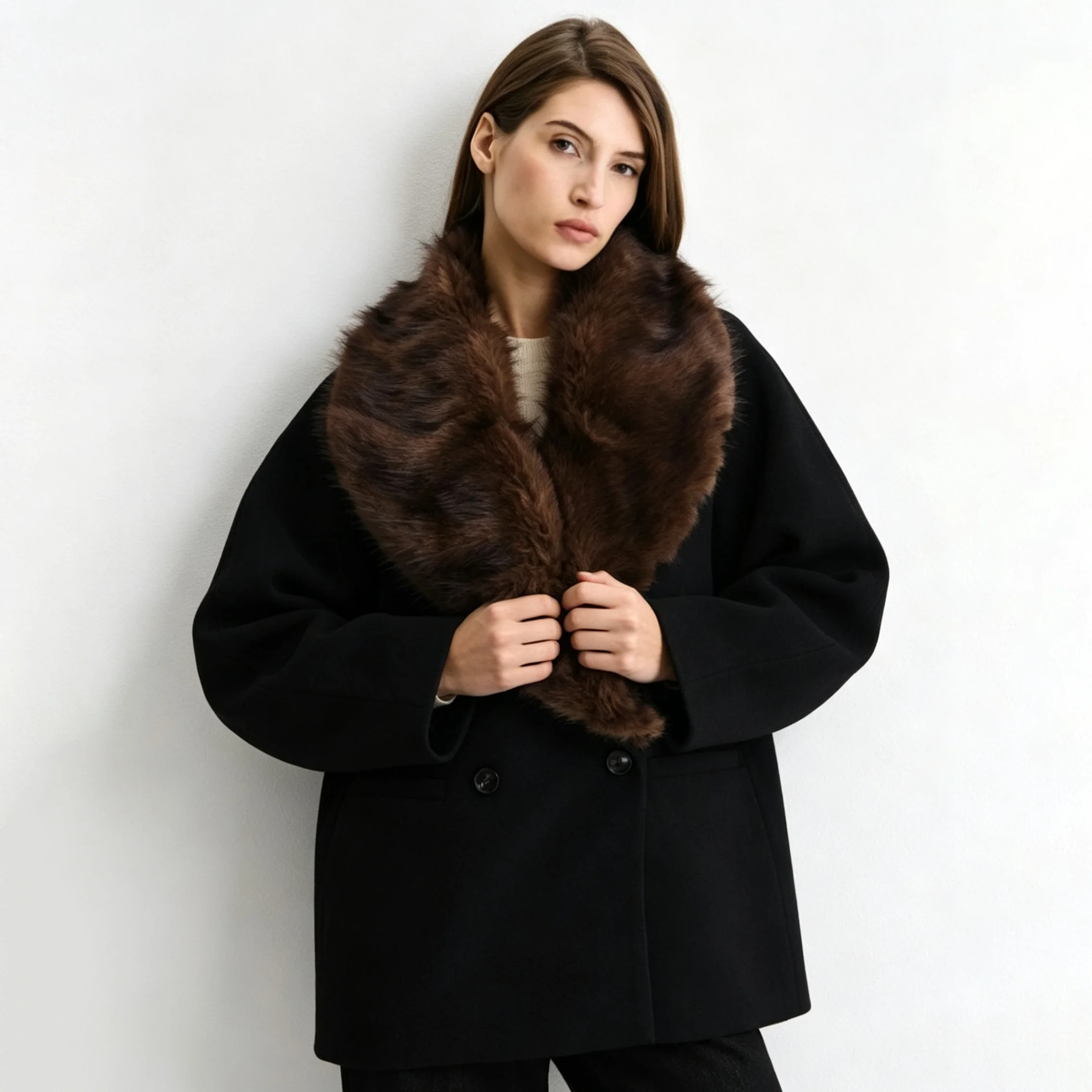 Women Oversized Double Breasted Wool Coat with Brown Faux Fur Shawl Collar, Mid-Length Side Pockets Winter Warm Elegant Outerwea