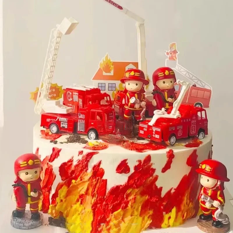 Décorations de gâteau sur le thème de la lutte contre l'incendie pour garçon et enfants, camion de pompier, voiture avant, cadeau de fête d'anniversaire, 1er joyeux anniversaire