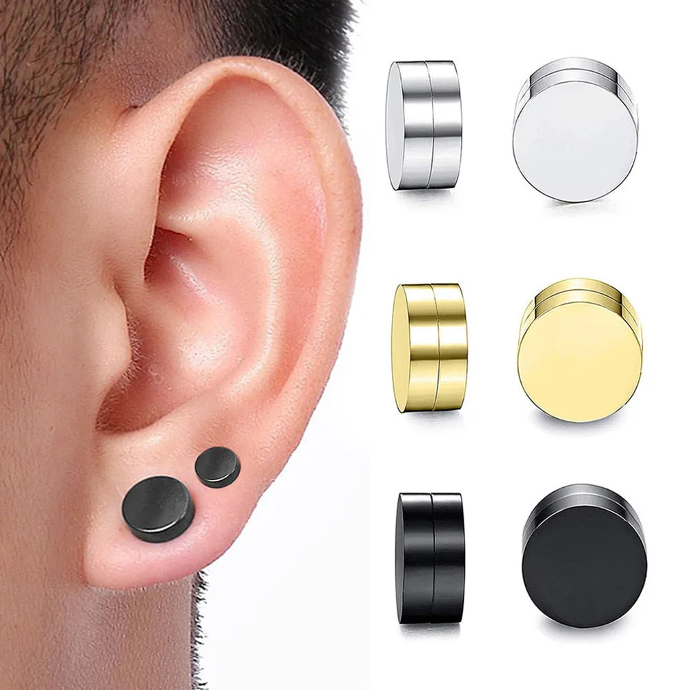 1 Pair Stainless Steel Magnetic Earrings for Men Women, Punk Non-piercing Clip on Stud Earrings Fake Ear Gauges for Men Women view 3