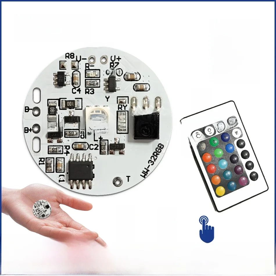 32 mm farbige RGB-Lichtplatine, runde LED-Lichtquelle, Niederspannung, DC 5 V, kompatibles Laden/Touch-Schalter, Fernbedienung/3,7 V Batterie