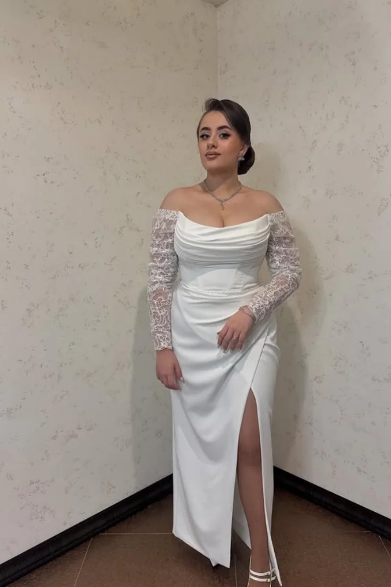 Jessica Lace Embroidered Long Sleeves Evening Dresses White Prom Dresses Mermaid Side Slit Vestidos De Fiesta Customized