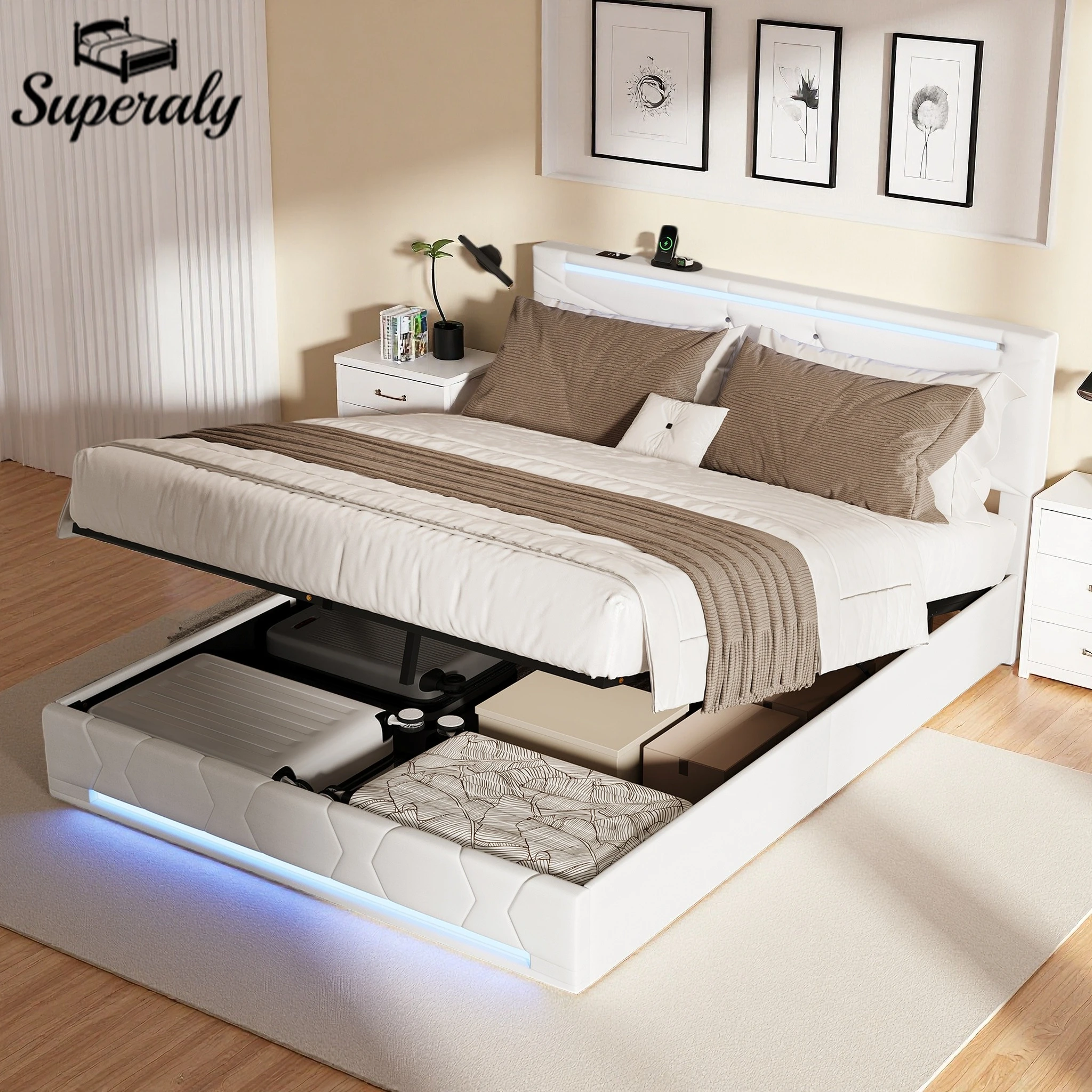 Lit double rembourré Superaly avec éclairage LED et port de charge USB, cadre de lit avec rangement hydraulique, 140x190cm/140x200cm/160x200cm
