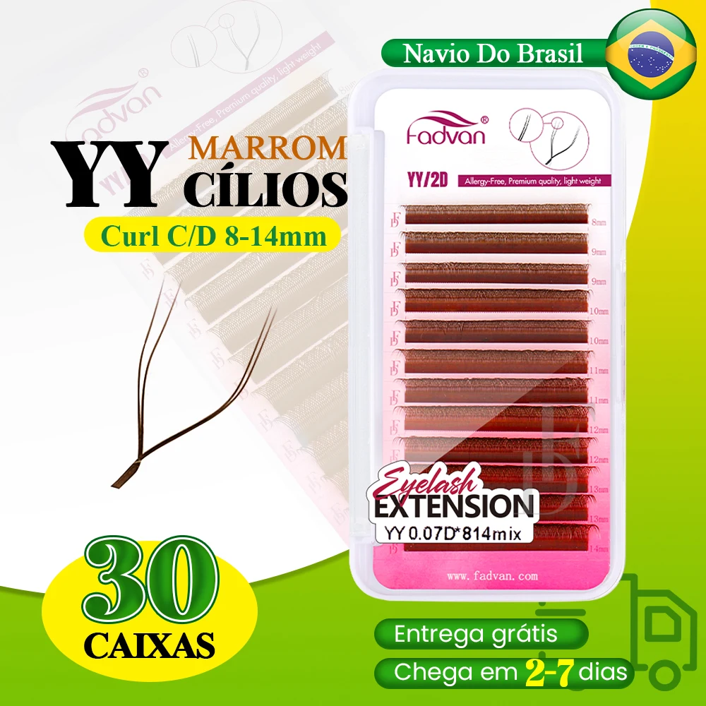 FADVAN 30PCS Cílios YY Marrons Envio Rápido do Brasil Curvatura D Mix 8-12mm Cílios em Formato YY Leques de Volume Pré-fabricados