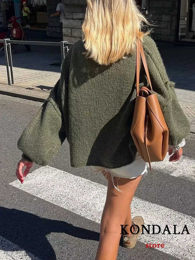 KONDALA Chic Cozy Green Ribbed Sweater Round Neck Long Sleeve Loose Fit 2023 Autumn Pullover Winter Loose New Women Knitwear