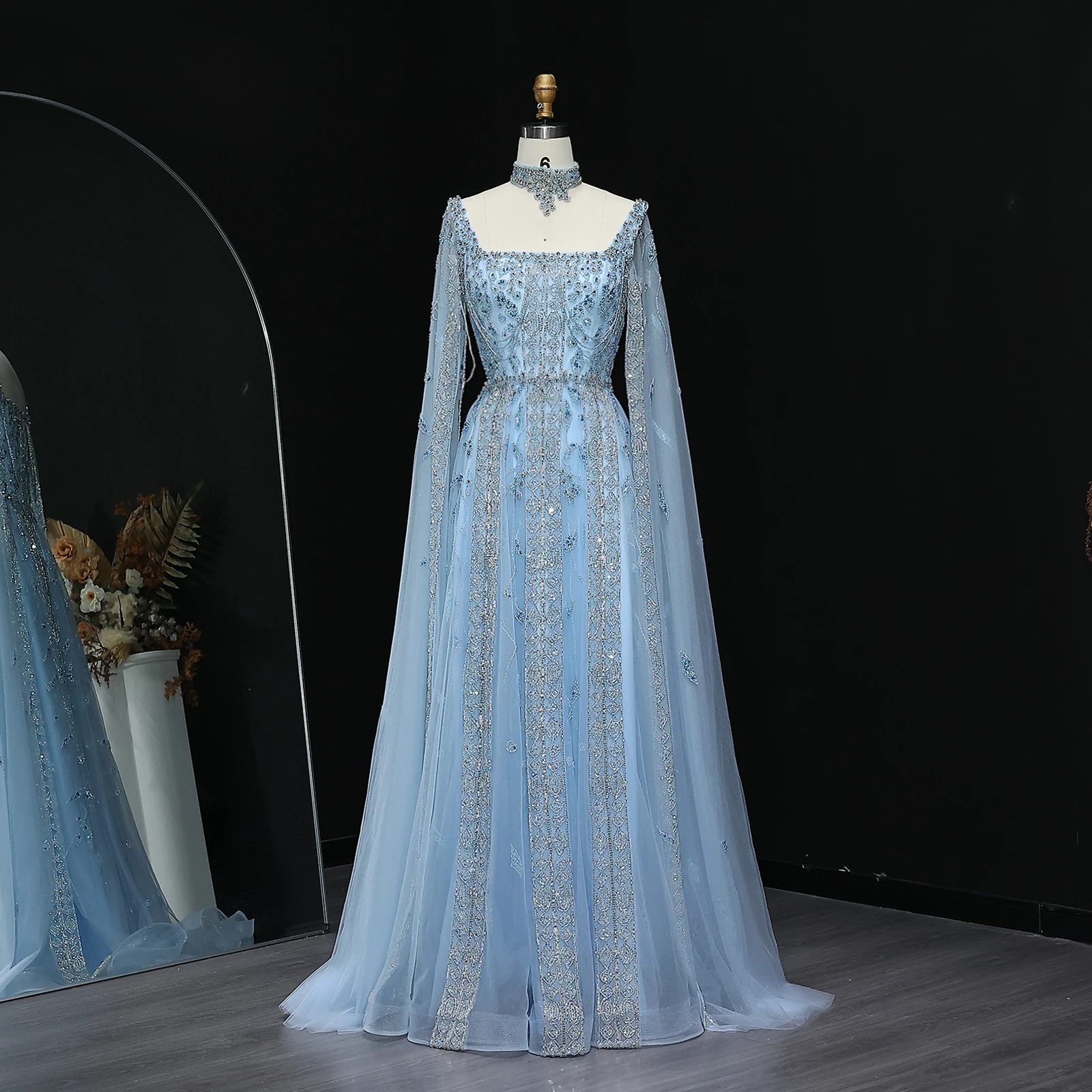 Sharon Said Elegantes Dubai Nude Arabisches Abendkleid mit Cape-Ärmeln Choker Weinrot Hochzeitsfeierkleider SS543 Maßanfertigung – Detail 25