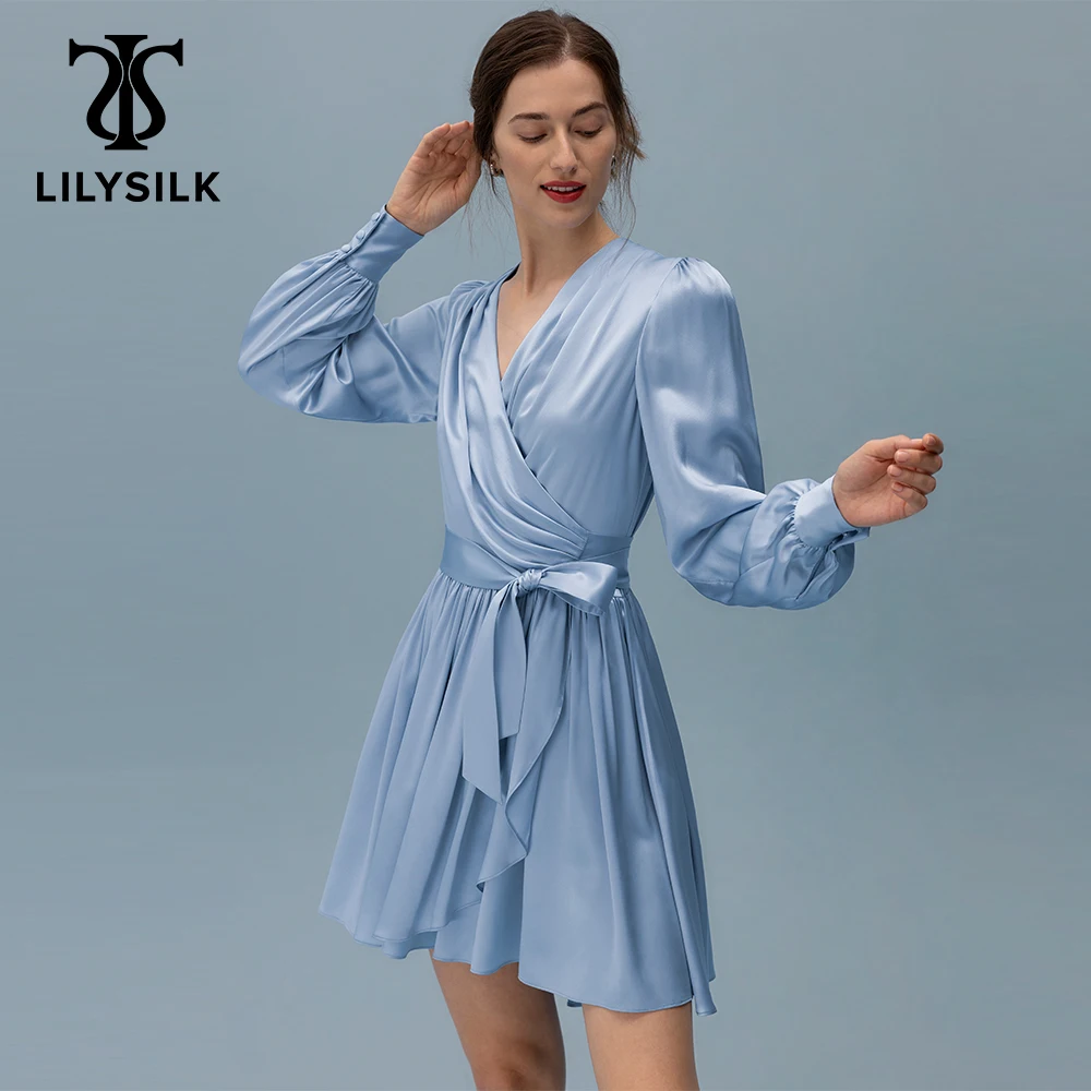 LILYSILK Silk Party Wrap Dress for Women New Female Elegant Evening Robe With Long Sleeve Chic Lady Outfits Free Shipping