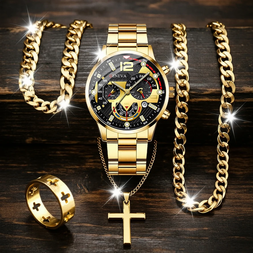 5-Piece Set of Men's Trendy Quartz Watches with High-End Bracelets, Necklaces, Jewelry, and Rings, in a Retro Casual Style, Suitable for Wearing at Work, on Business Trips, for Daily Use, Holiday Parties, and Other Occasions, the Best Choice for Gifting
