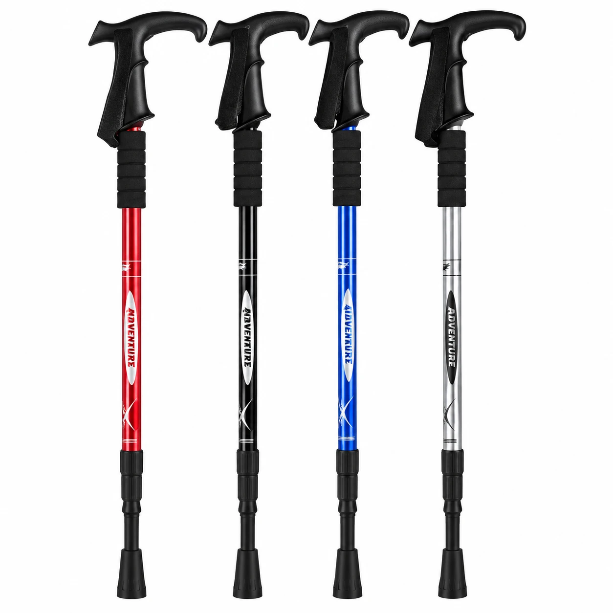 Bastone da trekking telescopico con manico a T, lunghezza 135 cm, in alluminio, a 3 sezioni, regolabile in lunghezza, disponibile in 4 colori.