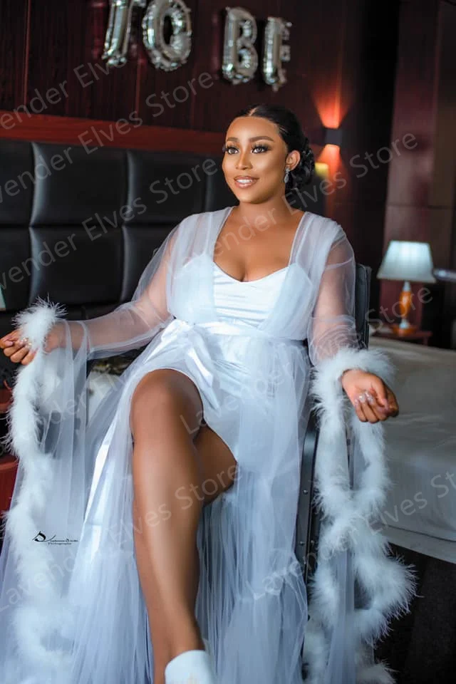 

White Feather Wedding Robes for Bride Ruffle Sleeve Kimono Pregnant Party Sleepwear Women Bathrobe Bridal Wrap