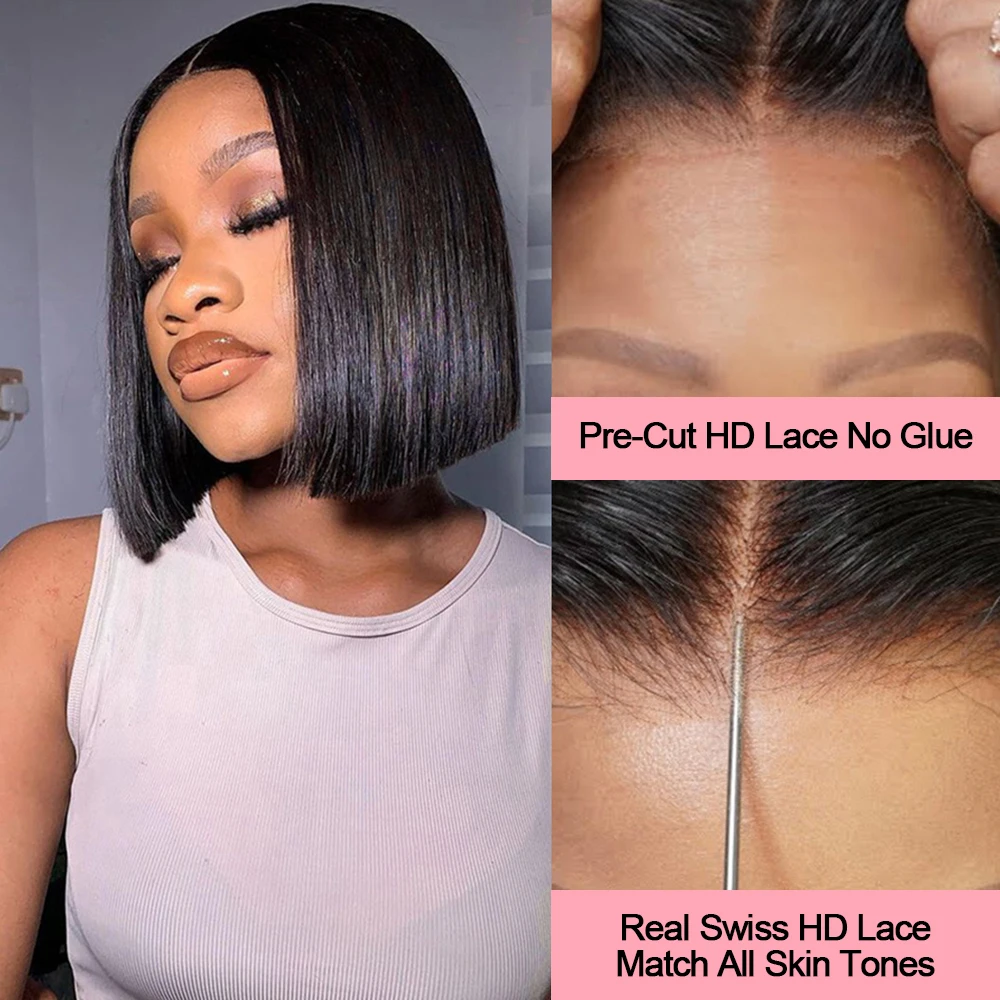 غلويليس ارتداء الذهاب قصيرة بوب شعر مستعار مستقيم البرازيلي الشعر البشري 13x4 HD الدانتيل الجبهة بوب شعر مستعار قبل قطع بوب للنساء جاهزة لارتداء #3