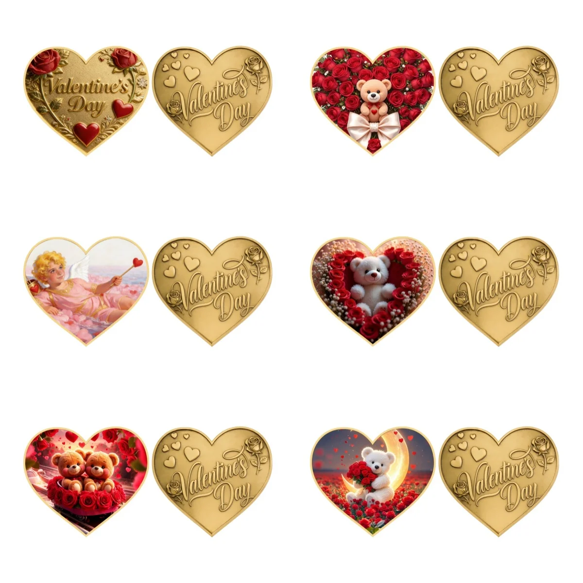 Wholesale Valentine's Day Heart Shape Gold Plated Coin Assorted Designs Teddy Bear/Cupid Lover Gift Collectible Crafts Souvenir