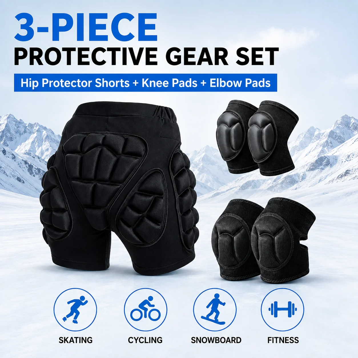 Skate Protective Gear Set Hip Protector Shorts Knee Pads Elbow Pads Shockproof Protection for Skating Cycling Snowboard Fitness