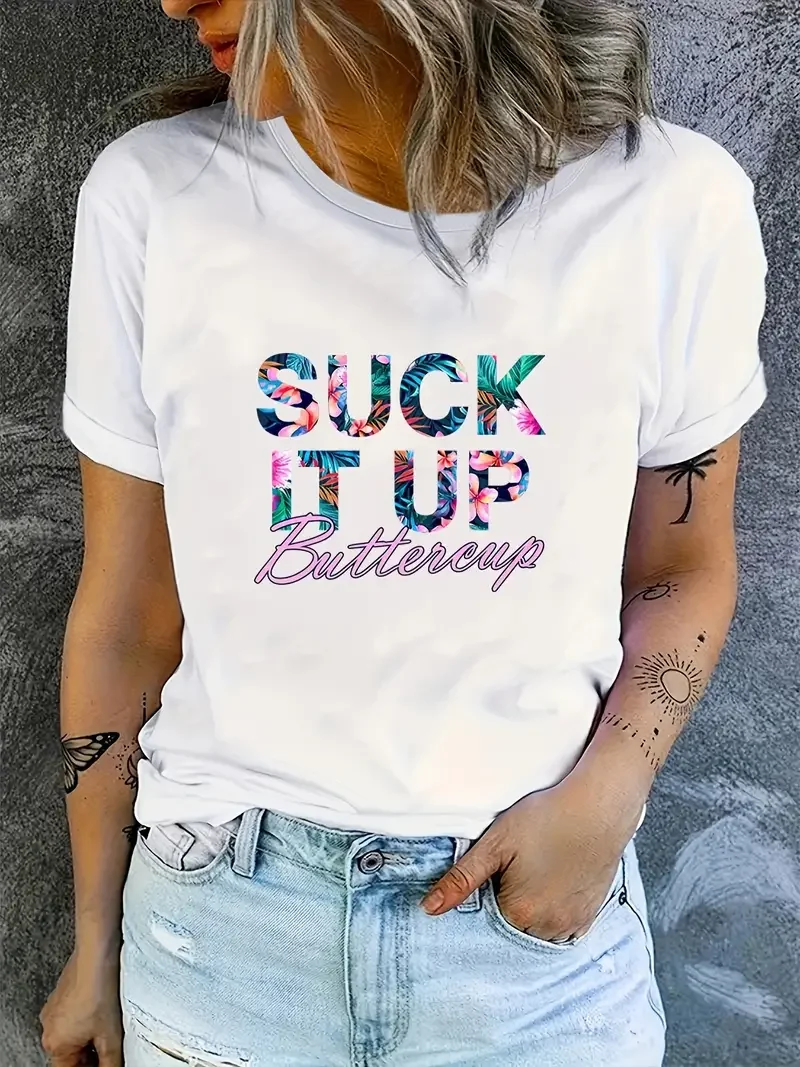 Suck It Up Buttercup  Printed T-Shirts For Womens Fashion Casual Soft Short Sleeve Loose Tees Comfortable Clothes