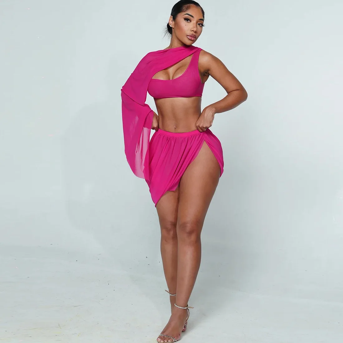 

SKMY 2025 Autumn New Women Clothing Mesh Sexy One Shoulder Long Sleeve Crop Tops Pleated Split Mini Skirt Sets Two Piece Outfits