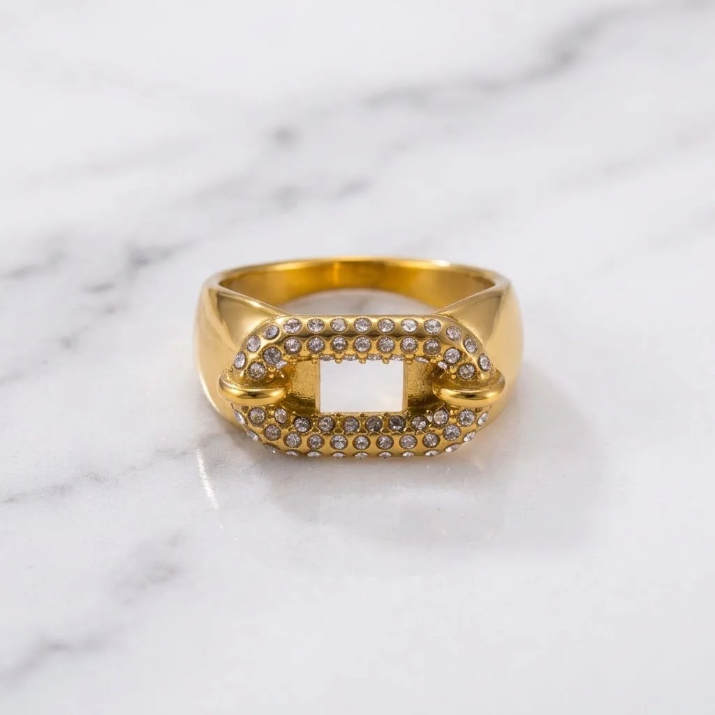 New Stainless Steel Punk Geometric Mariner Chain Link Full Rhinestone Wide Rings for Women Fashion Jewelry