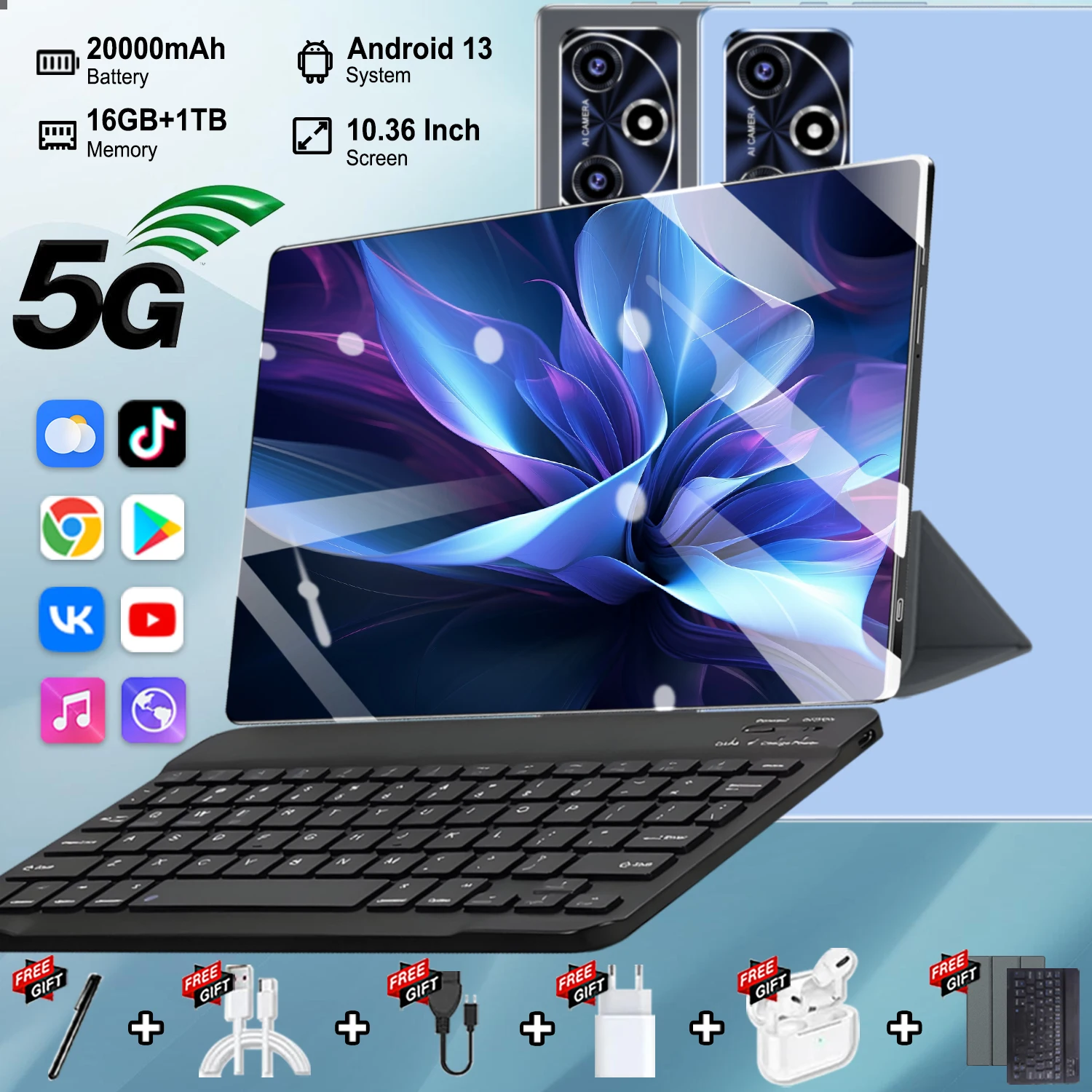 Tablette HD 5G originale 20000mAh avec clavier, 16 Go de RAM, 1 To de ROM, écran 10,36 pouces, Android 13, Bluetooth, processeur 14 cœurs, Wi-Fi, Office, GPS