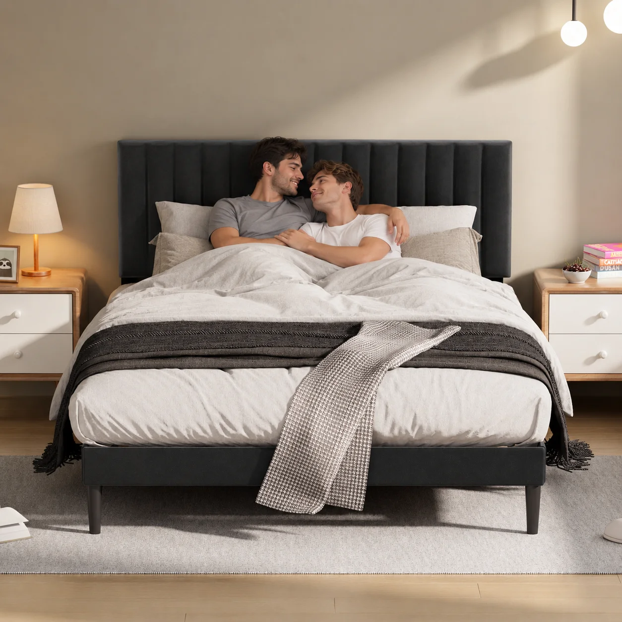 Letto matrimoniale imbottito – struttura letto per adulti con testiera imbottita regolabile – 9 gambe e 12 doghe in legno, portata massima 480 kg – facile da montare