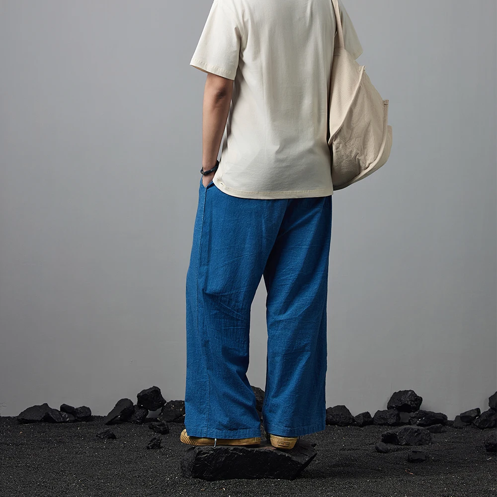 Vintage Indigo casual Pants Men's Loose Wide-Leg Pants Pure Cotton Lace-up Tapered Pants Four Seasons Blue Pants