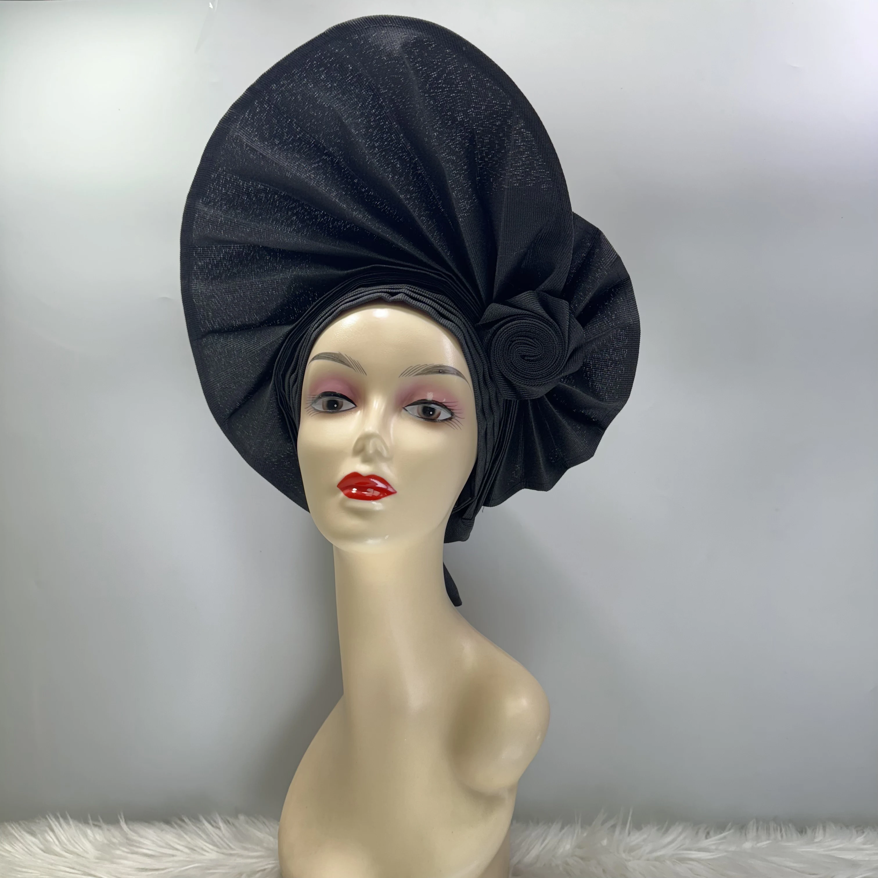 Already Made Cotton Auto Gele Women African Gele Headtie Aso Oke 2024 High Quality Plain Color Head Tie Latest Women Headwrap