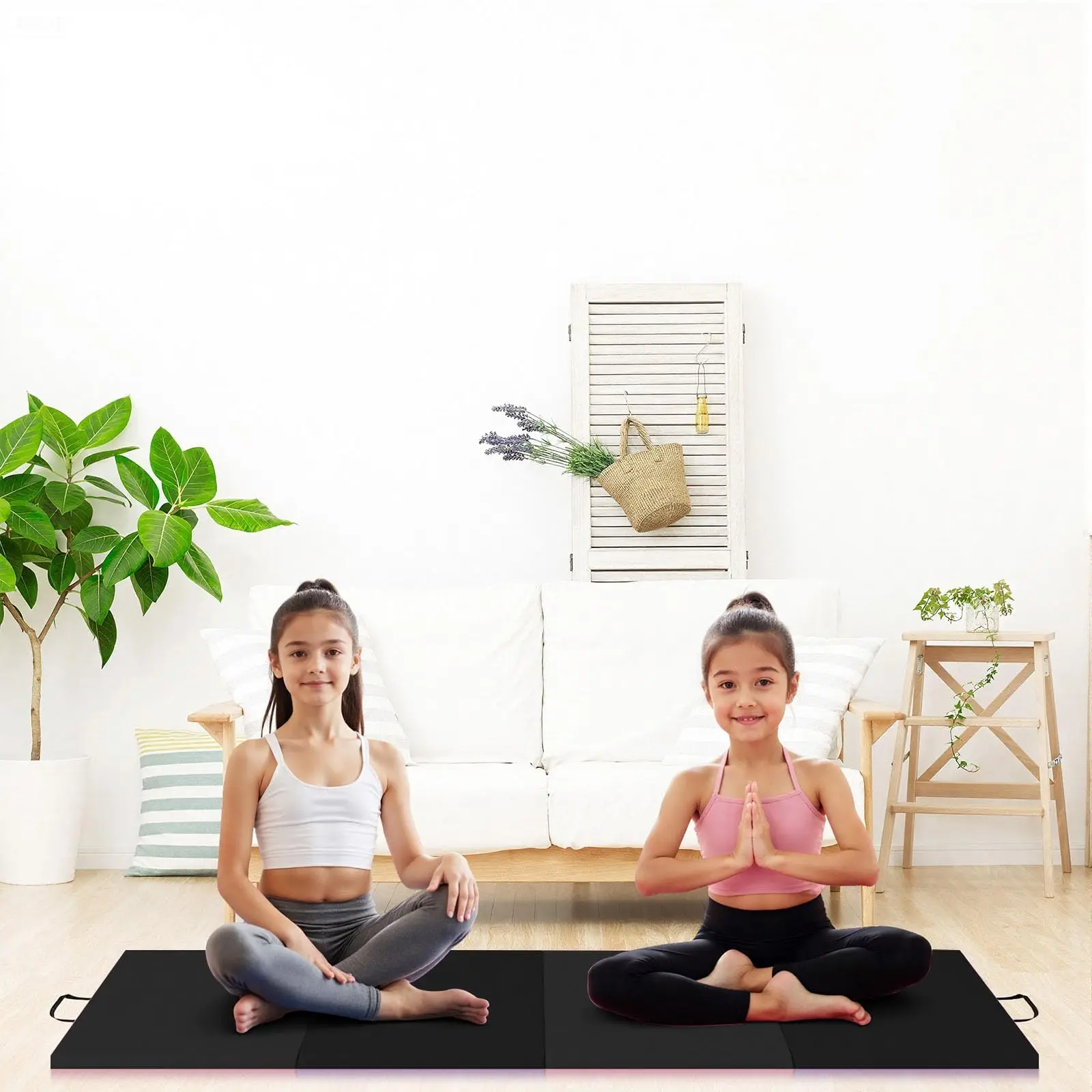 Tapis de yoga pliable, extra épais et portable, mousse EPE, poignées en cuir antidérapantes, pour fitness, Pilates, gymnastique, aérobic, arts martiaux, facile à nettoyer, noir
