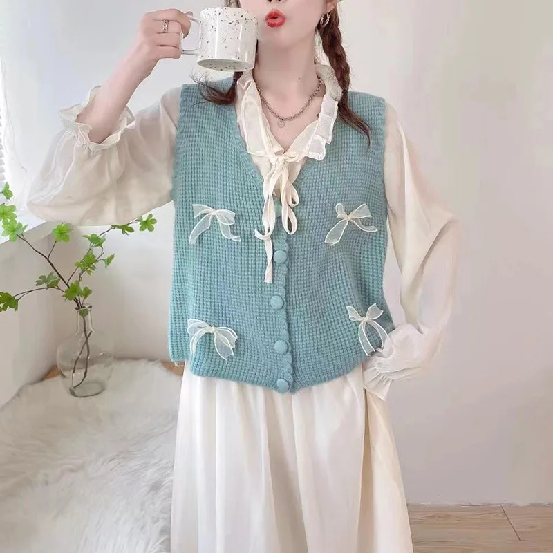 

2023 Spring New Sweet Fashionable Vest Women's Autumn Bow Knitted Cardigan Sweater Tank Top Waistcoat