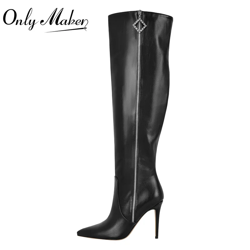 Onlymaker Women Pointed Toe Black Matte Over Knee High Boots Side Zipper Stiletto Fashion Big Size Handmade Boots