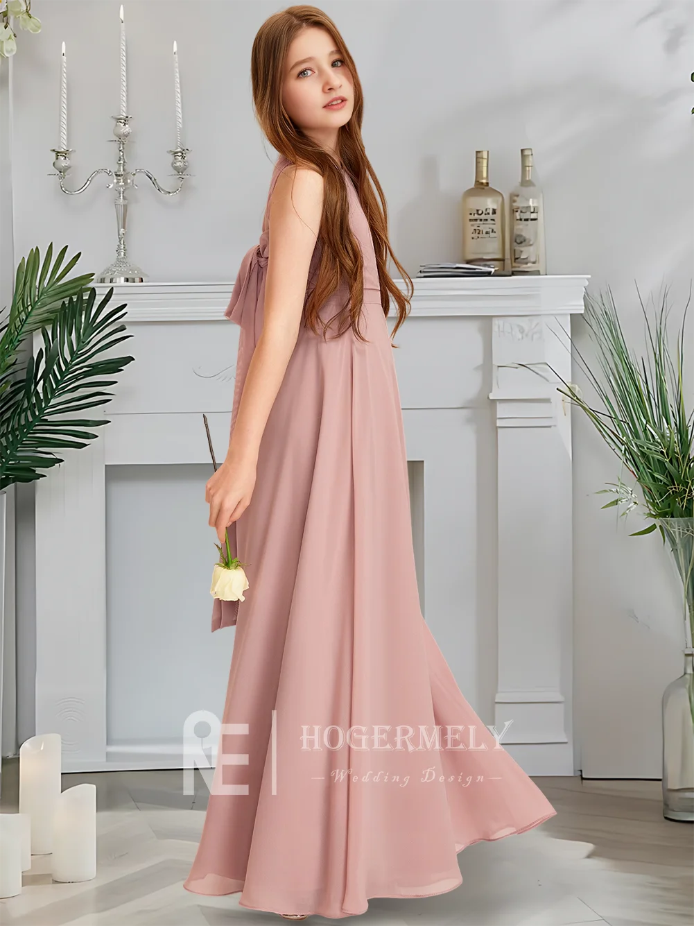 

A Luxurious Scoop Junior Bridesmaid Dress Twilight Blush Flower Girl Dress Floor-Length Chiffon Cascading Ruffles Wedding Party