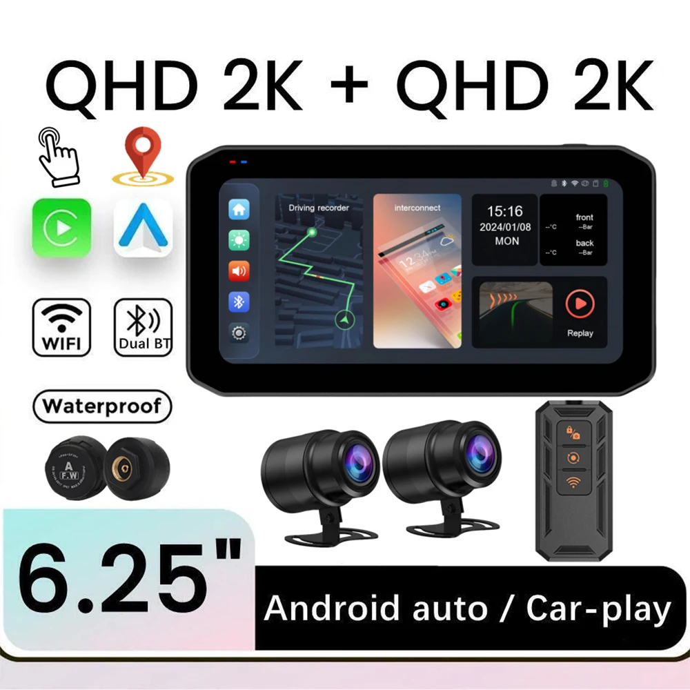 Dual Bluetooth Wireless CarPlay Android Touchscreen for Motorcycle GPS Navigation 6.25