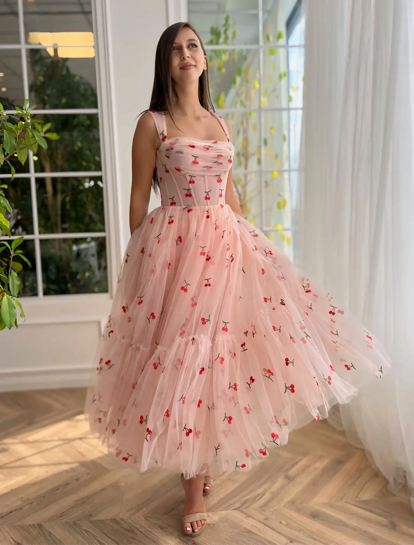 Spaghetti Strap Cherry Ruched Tulle Tea-Length/Mini Homecoming Dress Sweet Sleeveless Cocktail Party Gown A-line Ball Gown