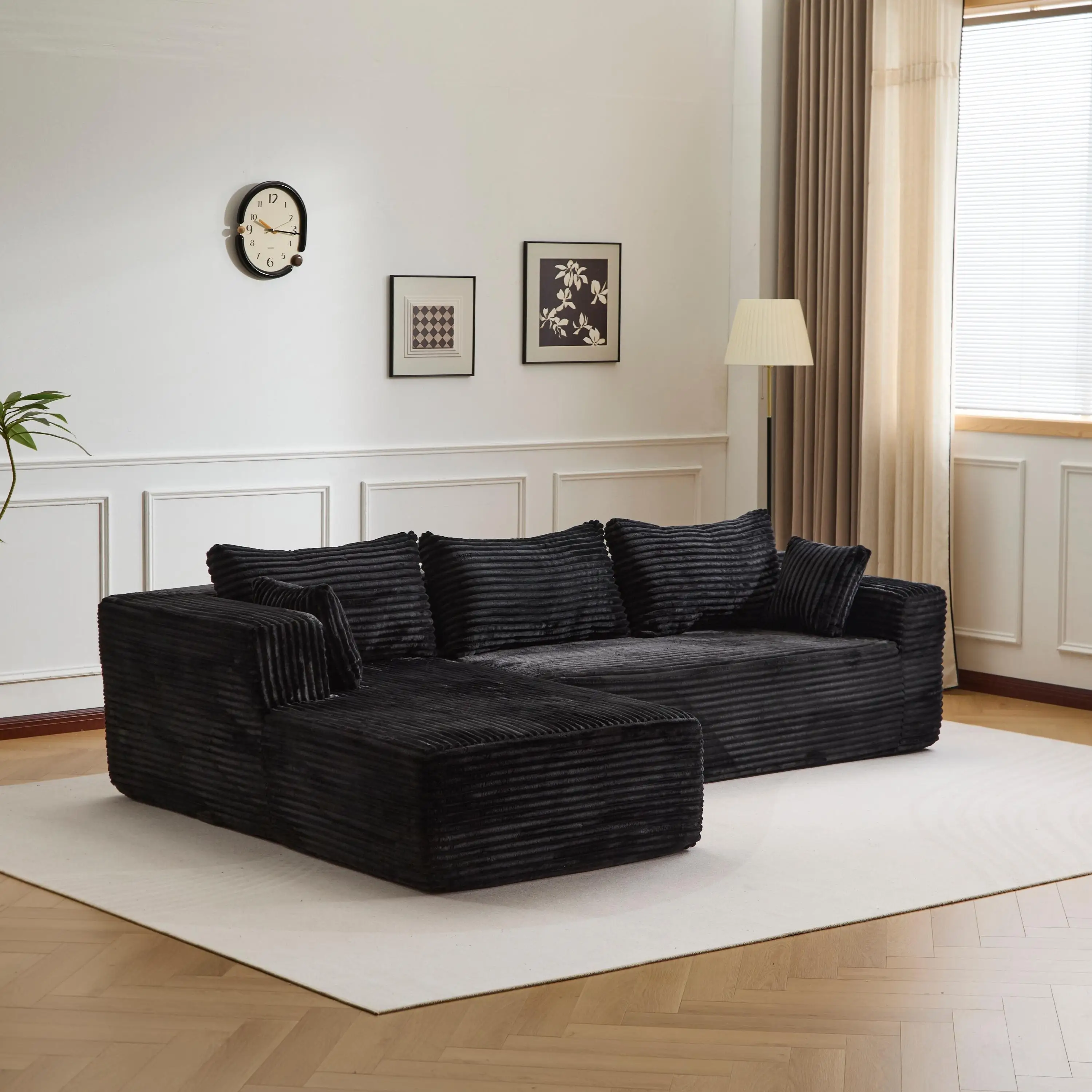 Schwarzes modernes komprimiertes Sofa, 3-Sitzer L-förmiges Sofa mit Kissen, keine Montage erforderlich, tiefes Cord-Sofa für Wohnzimmer, Schlafzimmer