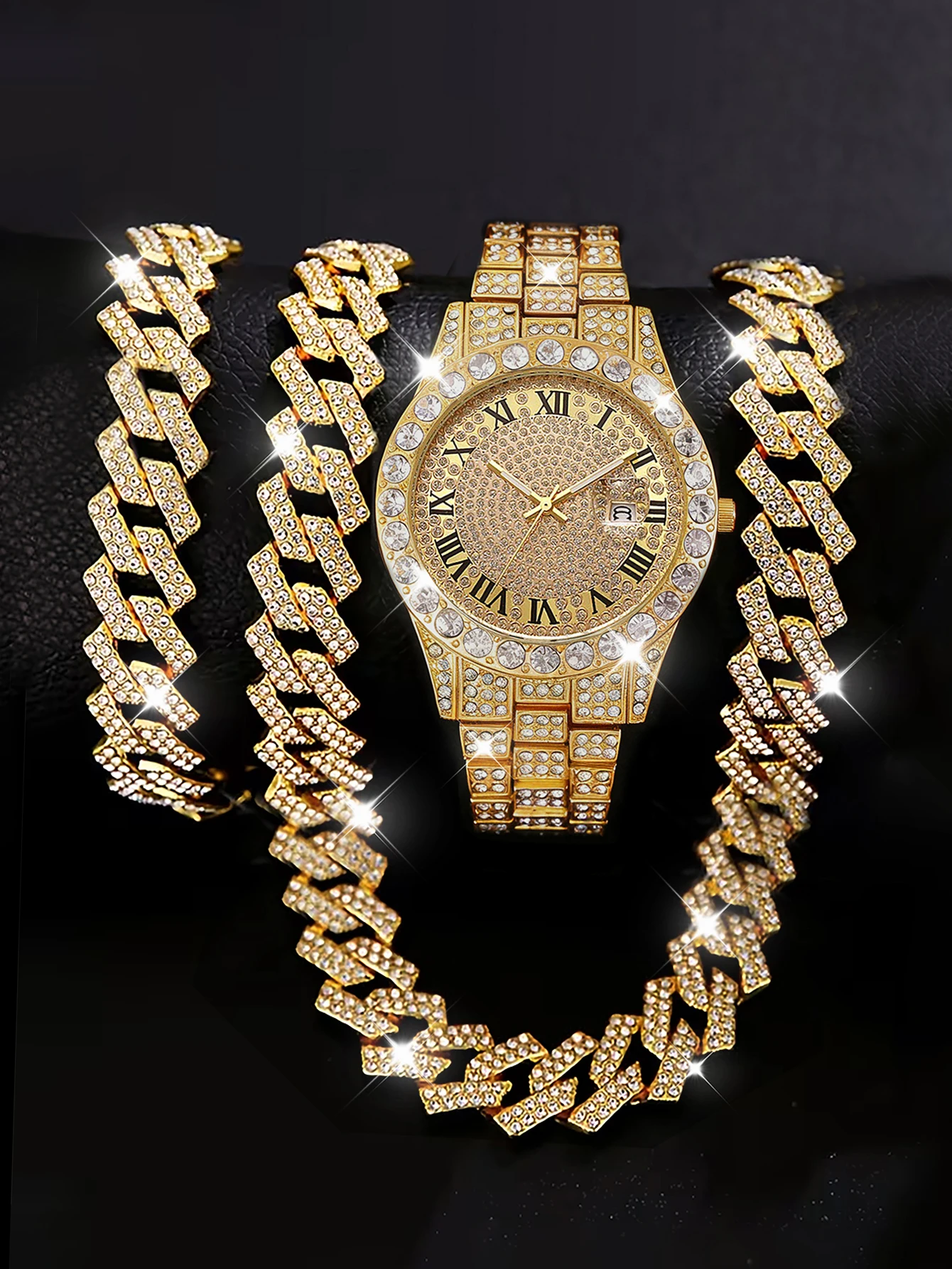 5-Piece Set, Men's Fashionable Luxury Quartz Watch with Hip-Hop Cuban Bracelet, Necklace, and Ring, Trendy and Stylish, Hip-Hop, Street Style, Perfect Holiday Gift, Also a Great Gift for Him.