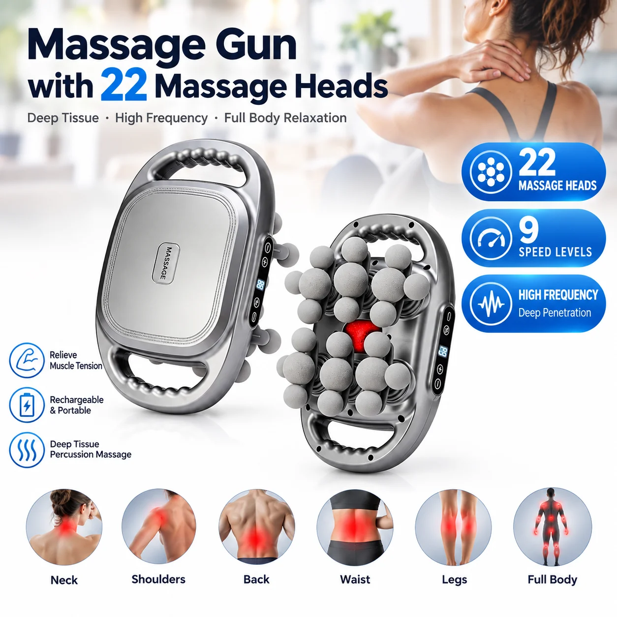 Massagepistole mit 22 Massageköpfen, 9 Geschwindigkeitsstufen, tiefenwirksames Massagegerät für die Muskulatur, hochfrequentes Muskelmassagegerät für Nacken, Schultern, Rücken, Taille und Beine,
