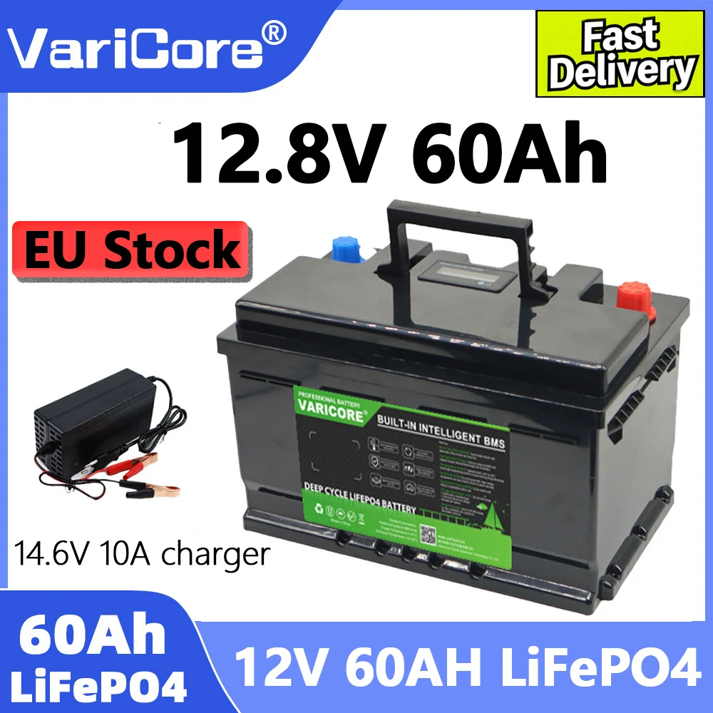 Batterie Varicore 12V 60Ah Lifepo4, batterie au phosphate de fer et de lithium à cycle profond, batterie rechargeable pour le démarrage de voiture, moto